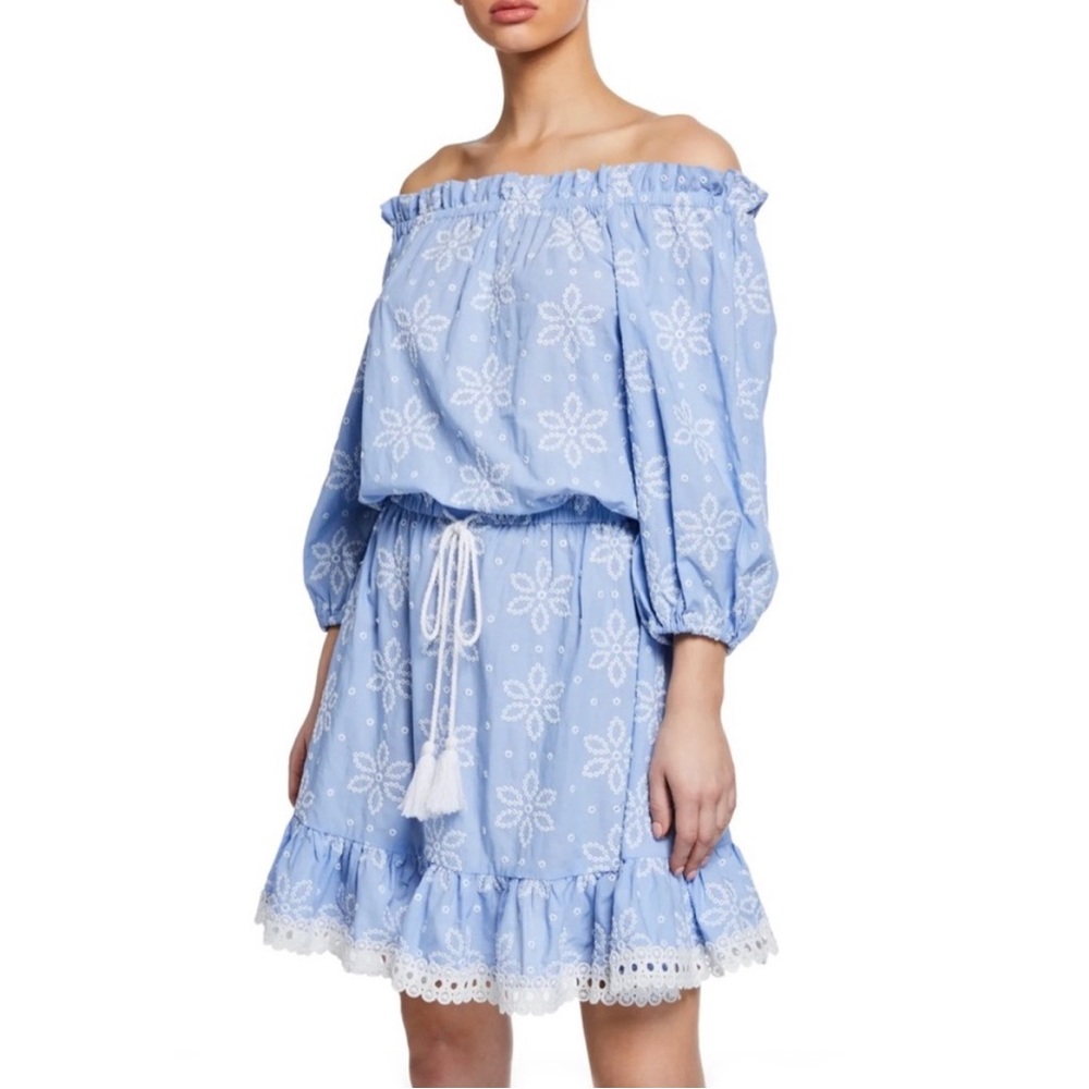 Shoshanna Swimwear Daisy Embroidered Off Shoulder Flounce Dress Eyelet, XS